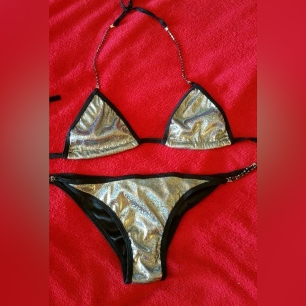 NWOT Sexy Skimpy Silver Competition Fitness Bikini w/Black Stones